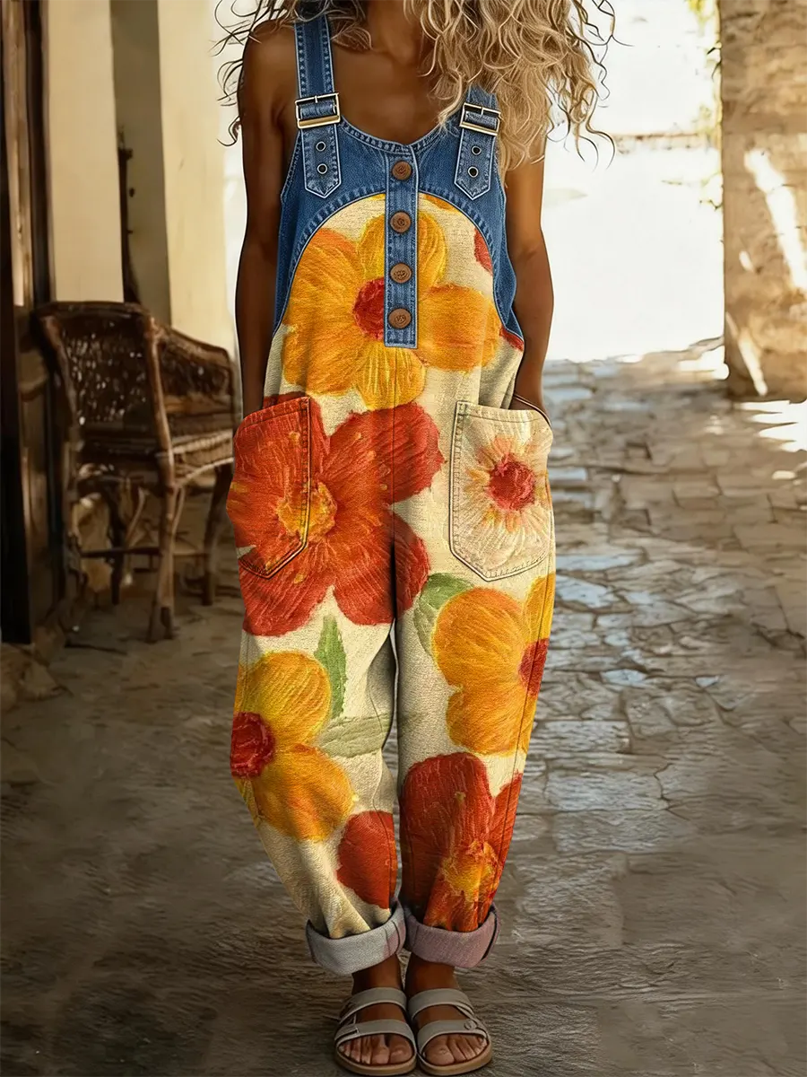 Women's Retro Oil Painting Textured Floral Art Print Casual Washed Cotton Denim Patchwork Jumpsuit